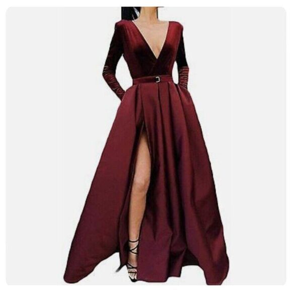 Bridess Velvet Satin Gown Size 6 Long Formal Wedding Bride Dress Slit Pockets - Picture 1 of 12